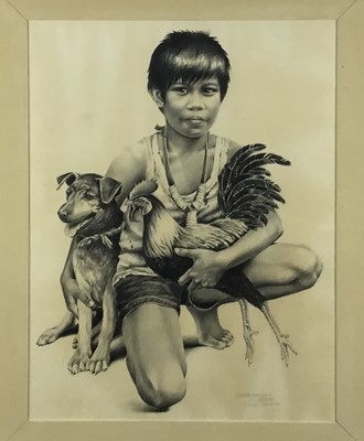 Lot 279 - G. Bennett, Filipino school pencil drawing - Boy with cockerel and puppy, signed 1980 Manila,  52cm x 66.5cm in glazed frame.