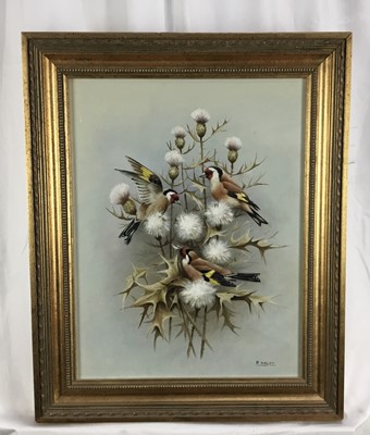 Lot 282 - P. Welch, acrylic on board - Goldfinches, signed, 33.5cm x 44cm, framed