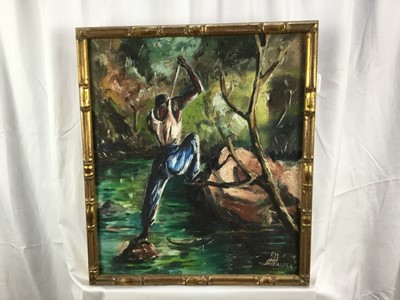 Lot 68 - South East Asian school, oil on canvas board - man in a river, signed indistinctly, 47.5cm x 55cm,  in gilt faux bamboo frame
