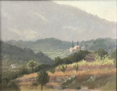 Lot 289 - Anna Hornby (1914-1996) oil on canvas - French landscape, monogrammed, 21.5cm x 16.5cm, framed. Provenance: Mall Galleries