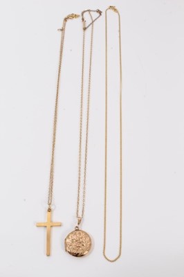 Lot 211 - 9ct gold cross pendant on chain, 9ct gold locket on chain and one other 18ct goldchain