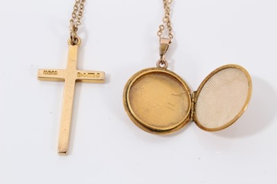 Lot 211 - 9ct gold cross pendant on chain, 9ct gold locket on chain and one other 18ct goldchain