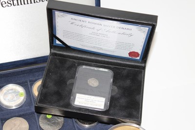 Lot 445 - World - Mixed coinage to include Westminster issued silver plated cupro-nickel 'Museum Collection', G.B. 'Diamond Jubilee Commemorative' proof silver with gold plating five pounds 2012, Ancient Rom...