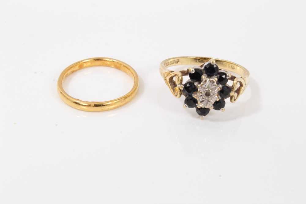 Lot 218 - 22ct gold wedding ring and 18ct gold sapphire and diamond cluster ring
