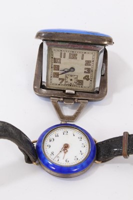 Lot 220 - Art Deco silver and blue guilloche enamel pendant watch, together with silver and blue guilloche enamel ladies wristwatch, Snoopy wristwatch and others (10)