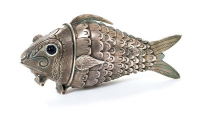 Lot 396 - Continental white metal (830 standard) novelty box in the form of a fish with articulated body