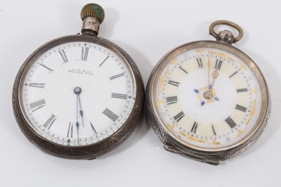 Lot 224 - Two silver cased pocket watches, two silver fob watches, Waltham gold plated watch, Elgin gold plated pocket watch and French pocket watch in chromimum plated case (7)