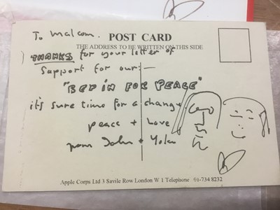 Lot 1441 - John Lennon and Yoko Ono original hand drawn on signed postcard with provenance