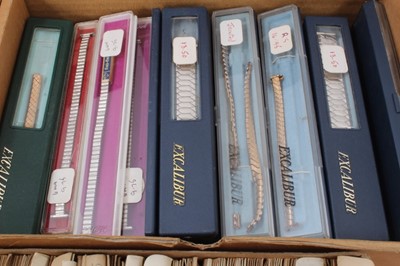 Lot 229 - Watch accessories- two boxes of vintage new old stock watch straps together with glasses and a box of clock fittings