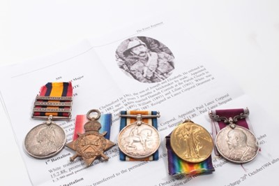 Lot 948 - Boer War and later medal group comprising Queen's South Africa medal with three clasps- Cape Colony, Transvaal and South Africa 1902 named to 359 C. Serjt. J. White. Essex Regt., 1914 -15 Star name...