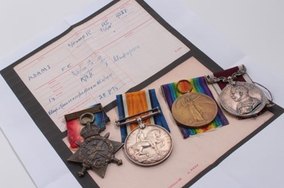 Lot 953 - First World War 1914 'Mons Star' medal group comprising 1914 Star named to 9258 PTE. F. E. Adams 2/Essex R., War and Victory medals named to 9258 A. CPL. F. E. Adams Essex. R. and George V Army Lon...