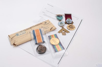 Lot 955 - First World War War and Victory medals named to 2. Lieut. F. W. Denham together with original boxes and envelope of issue and two silver masonic jewels named to Frederick W. Denham