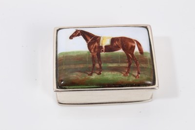 Lot 274 - Silver trinket box with enamel plaque depicting a race horse, together with a miniature silver horse ornament