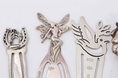 Lot 280 - Six silver novelty bookmarks each mounted with a bear, owl, fairy, sunshine, dove and horse with horseshoe