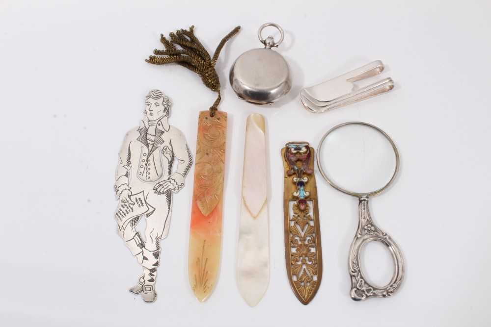 Lot 285 - Various bookmarks including silver Robert Burns figure, silver money clip, magnifying glass and sovereign case