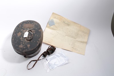 Lot 972 - Victorian Japanned tin helmet tin with applied brass plaque engraved 'W Capel Esq. 56th Regt.' together with a First World War private purchase monocular named to A. H. Cooper Essex and a 3rd Batta...