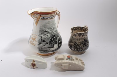 Lot 974 - Victorian Samuel Alcock & Co The Royal Patriotic Fund Jug, named in gilt to J M Fletcher, together with a 19th century tranfer printed Battle of Inkerman jug, a First World War Aynsley crested ware...