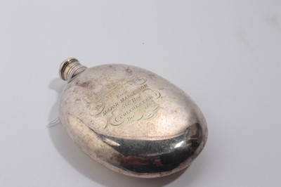 Lot 977 - Colchester Interest- Victorian silver plated spirit flask with engraved presentation inscription 'To Mr Alfred Phillips from Major Margesson 56th Regt. Colchester Dec. 1862, 13cm in overall length