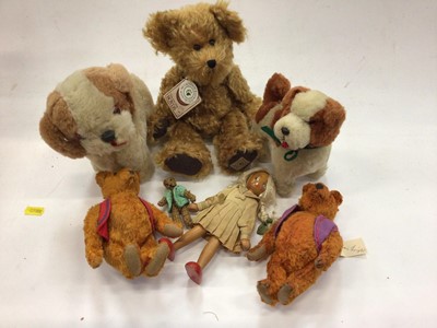 Lot 1751 - Selection of bears and soft toys including a two by Naomi Laight, large Bear 'Sammie" by Gund, Mumsie by Boyd, large mohair and felt monkey, large mohair seated dog plus two other small mohair dogs...