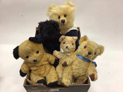 Lot 1752 - Selection of bears and soft toys including large bear "Caspian" by Cotswolds bears, two fabric sailor dolls with Empire stickers under collar, Sooty type bear, Black mohair bear with Berlin sash, s...