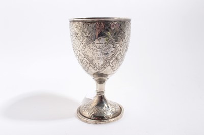 Lot 979 - Essex Regiment Interest- Victorian silver goblet with chased decoration, engraved Essex Regimental badge and inscription 'Capt. Chas. E. R. Rennie 22nd June 1867' 'Presented to the Officers (44th)...