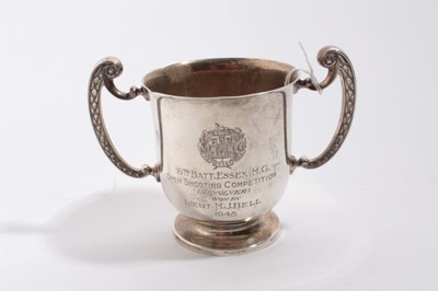 Lot 980 - Essex Regiment Interest- George V silver two handled trophy cup, on circular foot with engraved Essex Reigment badge and inscription ''16th Batt. Essex H.G. Open Shooting Competition (Revolver) won...
