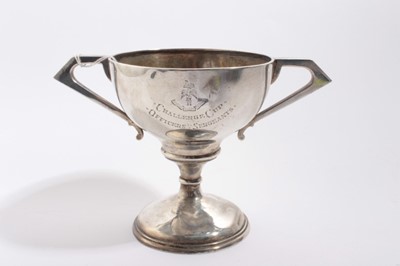Lot 981 - Essex Regiment Interest- George V silver two handled trophy cup raised on circular pedestal foot, with engraved Essex Regimental badge and inscription 'Challenge Cup Officers v Sergeants' (Sheffiel...