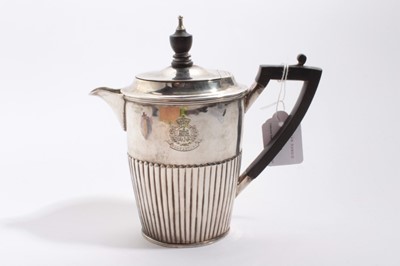 Lot 982 - Essex Regiment Interest- Victorian silver hot water pot with fluted decoration, ebony handle and finial and engraved Essex regimental badge, (marks rubbed), approximately 9oz, 19cm in overall heigh...
