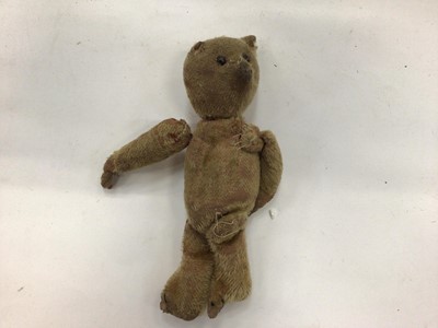 Lot 1756 - Small early mohair teddy bear with black boot button eyes, a celluloid doll in original clothing and an Oriental boy doll.