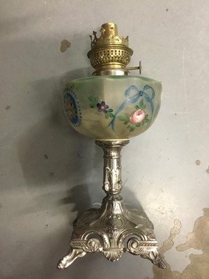 Lot 180 - Silver plated and coloured glass oil lamp