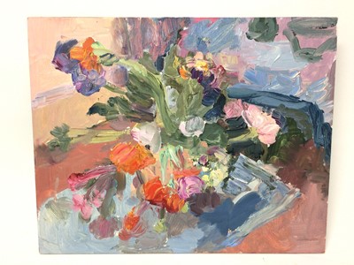 Lot 109 - Annelise Firth (b.1961) oil on board - still life summer flowers, signed and dated 2021 verso, 24cm x 30cm, unframed