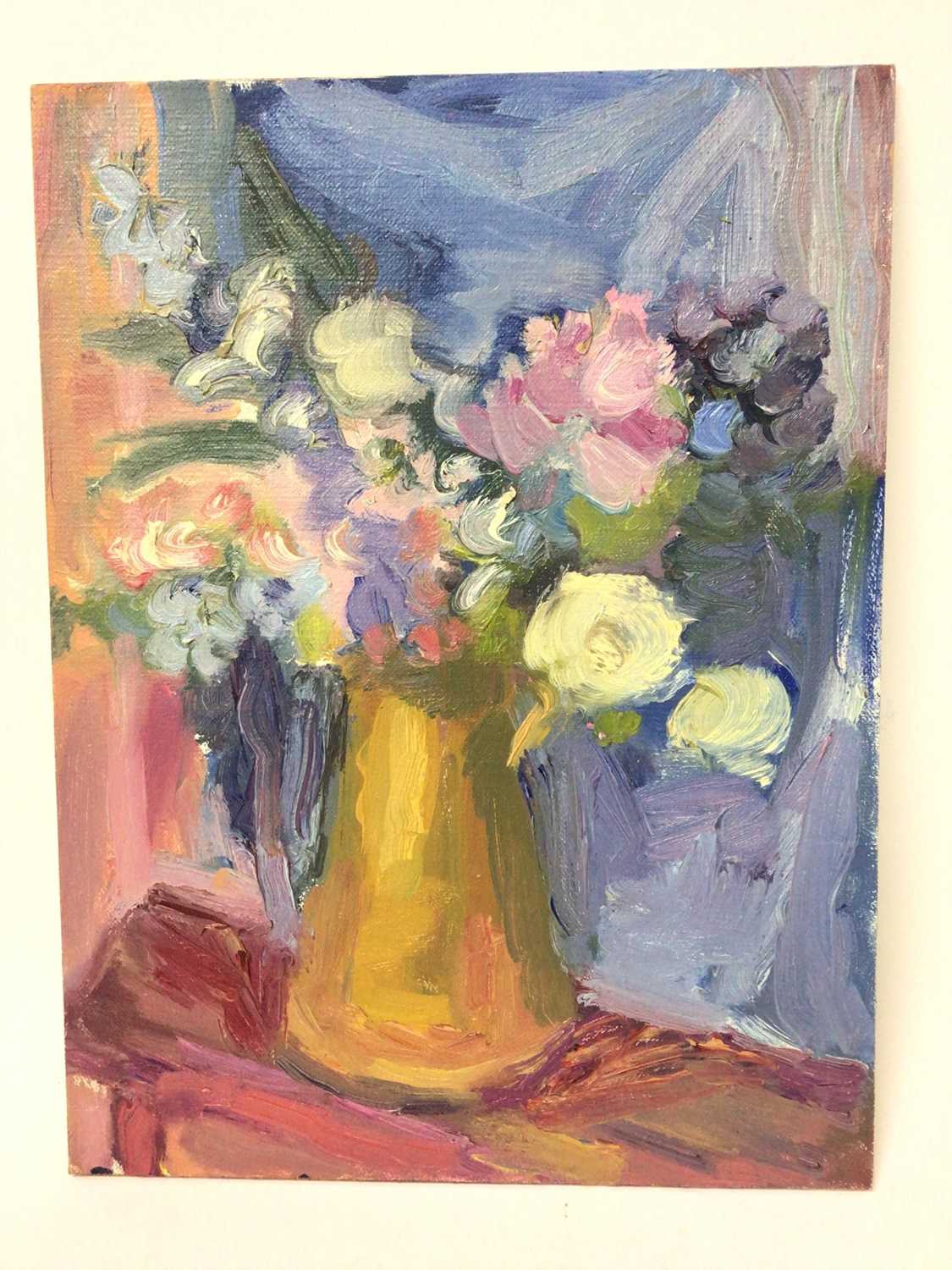 Lot 111 - Annelise Firth (b.1961) oil on board - still life summer flowers in a jug, signed and dated 2021 verso, 30cm x 23cm, unframed