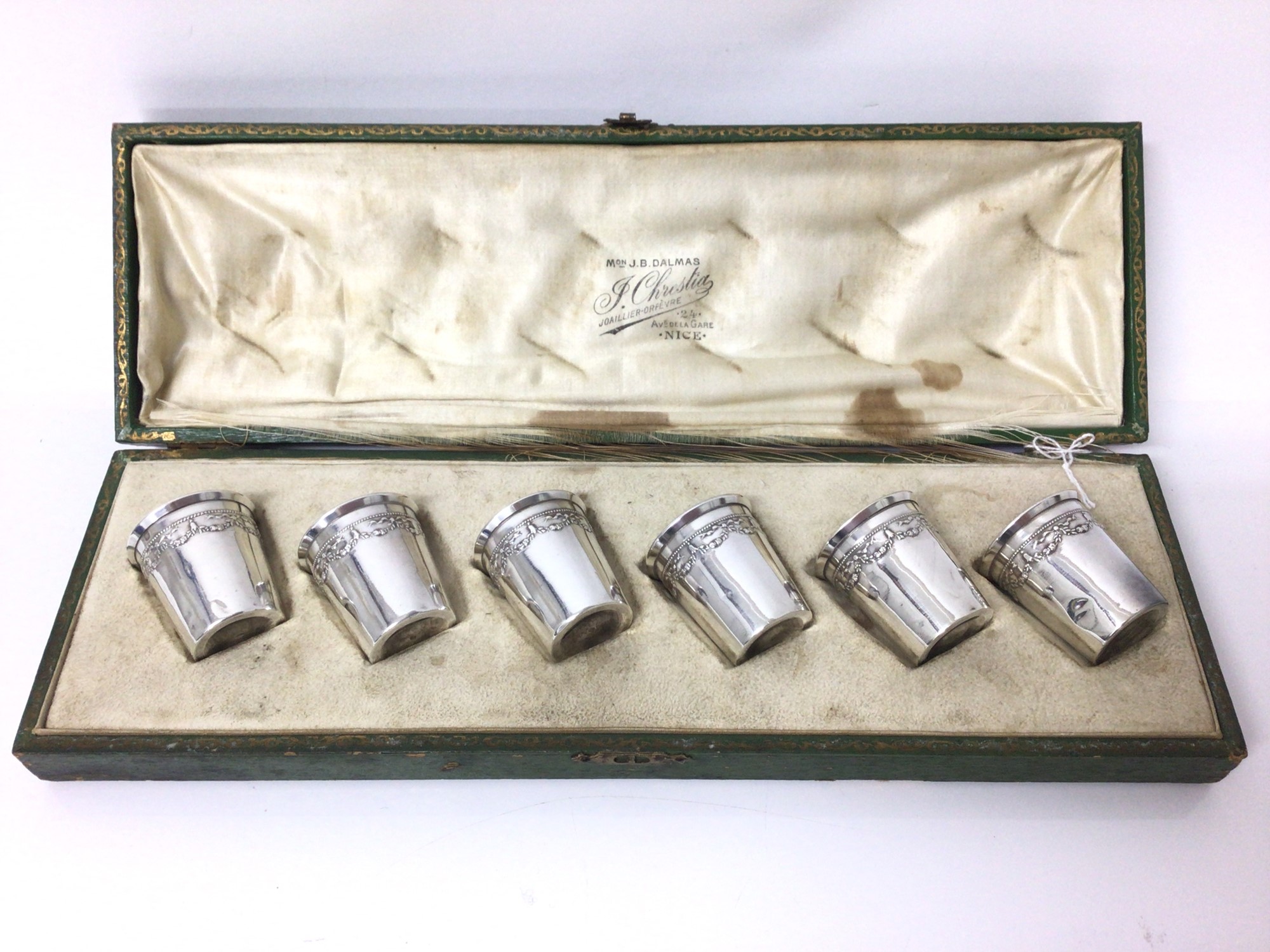 Lot 133 Cased set of six French silver spirit cups,
