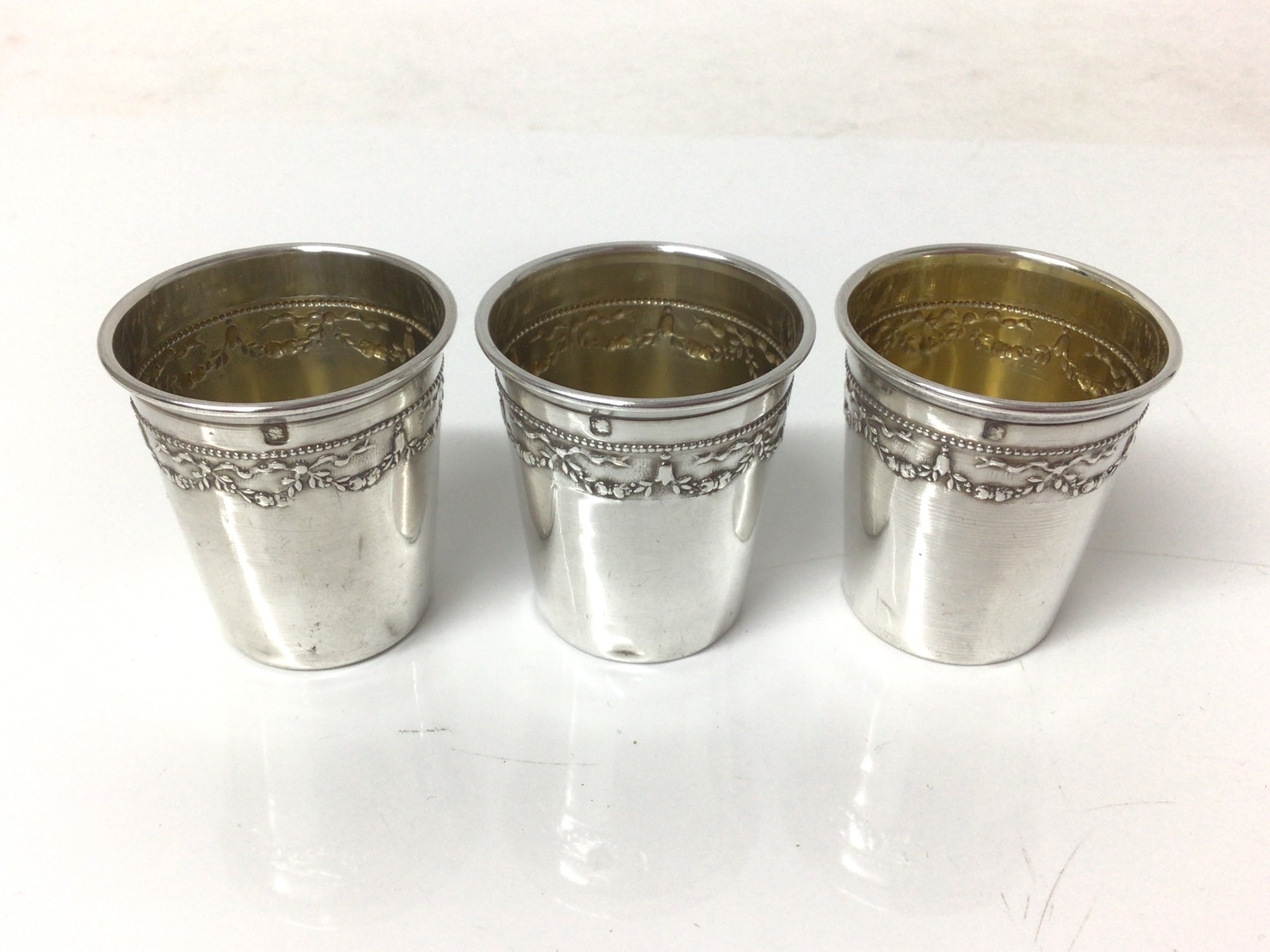 Lot 133 Cased set of six French silver spirit cups,