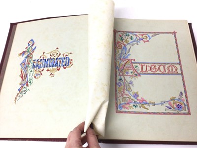 Lot 134 - A charming Victorian illuminated album, red leather bound with gothic brass monogram to the front, containing 32 botanical watercolour painted pages, 37cm x 30cm overall