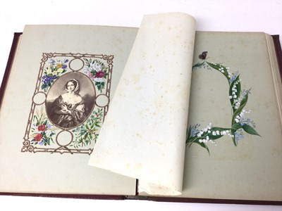Lot 134 - A charming Victorian illuminated album, red leather bound with gothic brass monogram to the front, containing 32 botanical watercolour painted pages, 37cm x 30cm overall