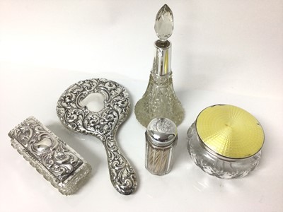 Lot 125 - Quantity of silver and glass dressing table items, including a yellow guilloche enamel jar, a rectangular box, a further jar, a scent bottle and a mirror (5)