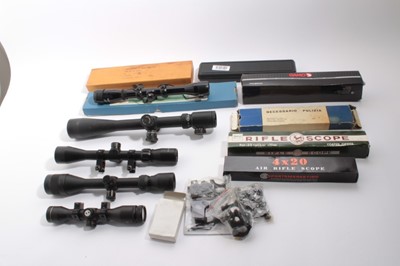 Lot 1095 - Collection of rifle telescopic sights and spotting scopes with fittings and lot gun cleaning kits
