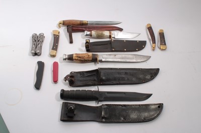 Lot 1037 - American fighting knife, together with a Hunting knife with polished steel blade and horn grip by A. Wright and Sons, Sheffield together with other knives (1 box)