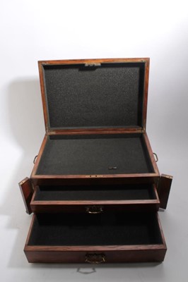 Lot 987 - Edwardian oak cutlery canteen with hinged top and two lined draws, ideal collectors cabinet for medals or badges, 48 x 34 x 28cm together with a pine box with Essex Regiment inscription (2)