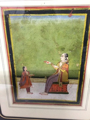 Lot 158 - 19th century Indian miniature gouache on paper, depicting a noble and attendant, 17 x 13cm together with another Indian miniature, both framed