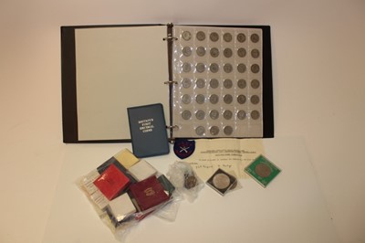 Lot 489 - G.B. - A folder containing mixed coins to include pre 1947 silver (estimated face value £4.05) Brit. North Borneo bronze one Cent 1890 GVF and boxed rifle clubs awards circa 1950-1964 awarded to R....