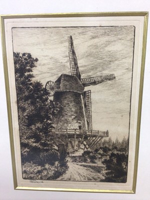 Lot 146 - W. G. Davie, pair of early 20th century signed black and white etchings - windmill and coastal views, 19cm x 14cm and 23cm x 16cm, in glazed frames, together with a book belonging to the artist