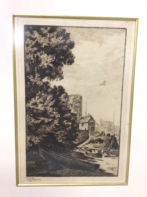 Lot 146 - W. G. Davie, pair of early 20th century signed black and white etchings - windmill and coastal views, 19cm x 14cm and 23cm x 16cm, in glazed frames, together with a book belonging to the artist