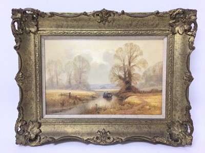 Lot 147 - Christopher Osborne, contemporary, oil on board - The River Stort, Nr. Bishops Stortford, signed, titled verso, 19cm x 29cm, in gilt frame