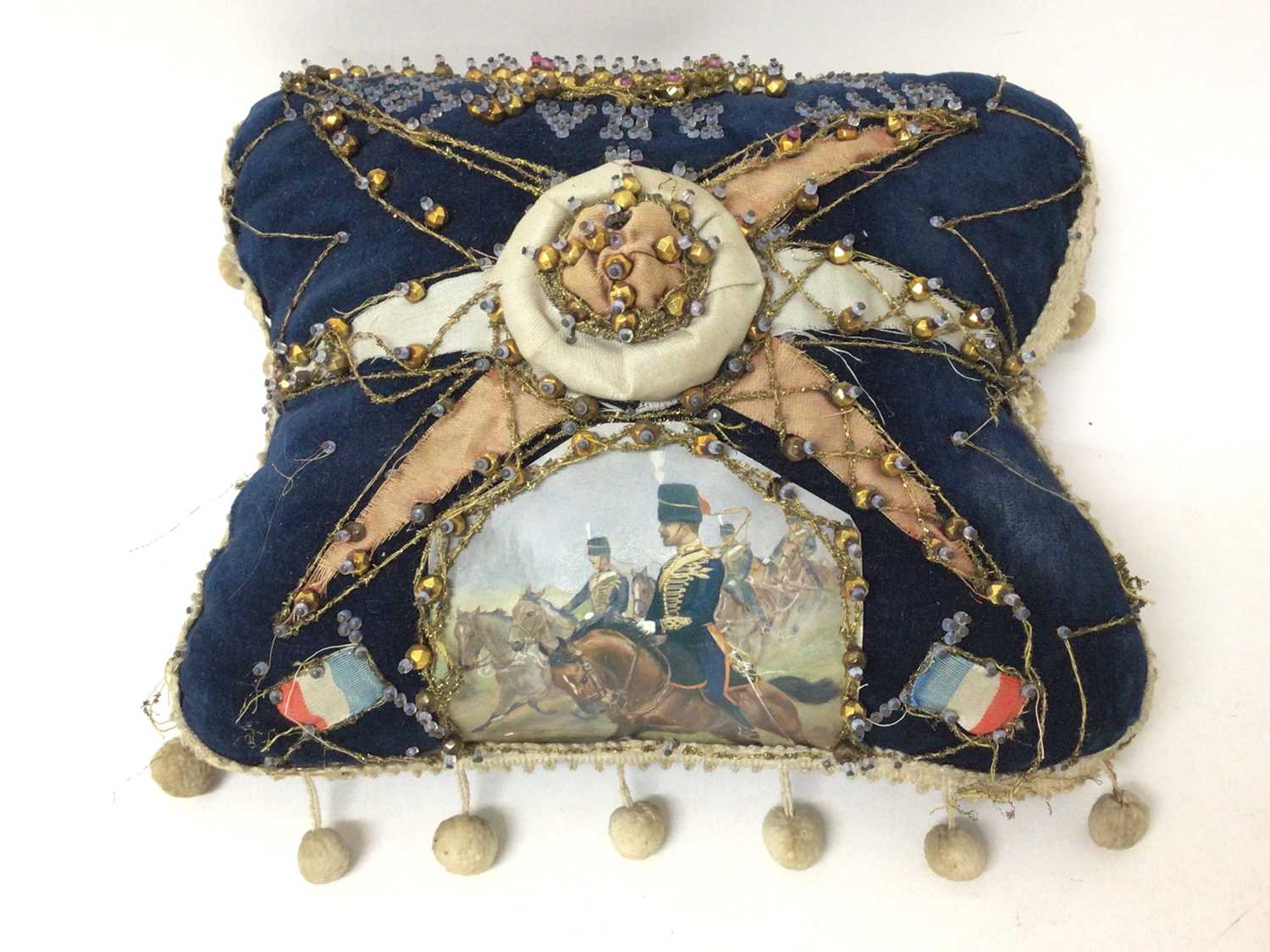 Lot 96 - Late Victorian Royal Horse Artillery Sweetheart Cushion with embroided and beaded decoration 'RHA with love G W', 18cm x 23cm