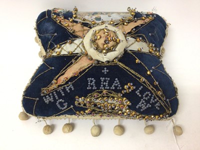 Lot 149 - Late Victorian Royal Horse Artillery Sweetheart Cushion with embroided and beaded decoration 'RHA with love G W', 18cm x 23cm