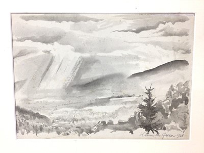 Lot 40 - Kenneth Green (1905-1986) monochrome watercolour - Extensive Landscape, signed and dated 1928, 18cm x 26cm, mounted