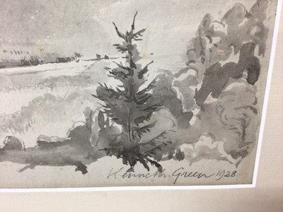 Lot 151 - Kenneth Green (1905-1986) monochrome watercolour - Extensive Landscape, signed and dated 1928, 18cm x 26cm, mounted