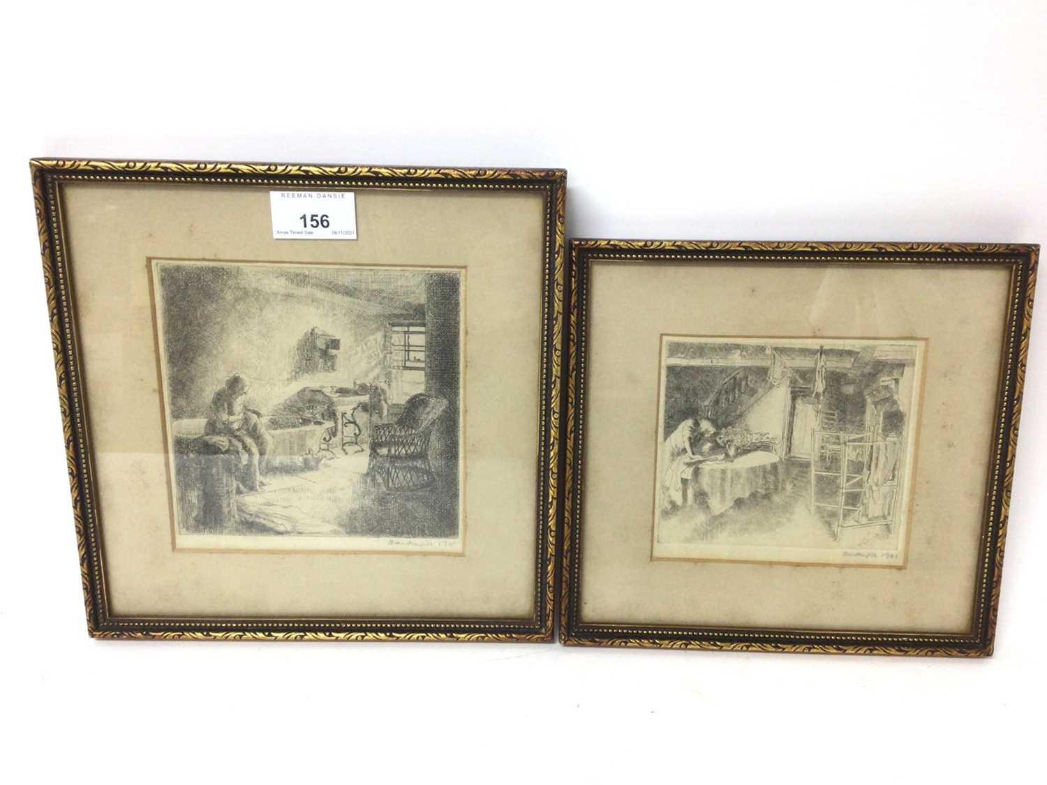 Lot 156 - Jean Harper (1921-2005) pair of signed etchings - interiors, signed and dated 1941, 15cm square and 12cm x 13cm, in glazed frames